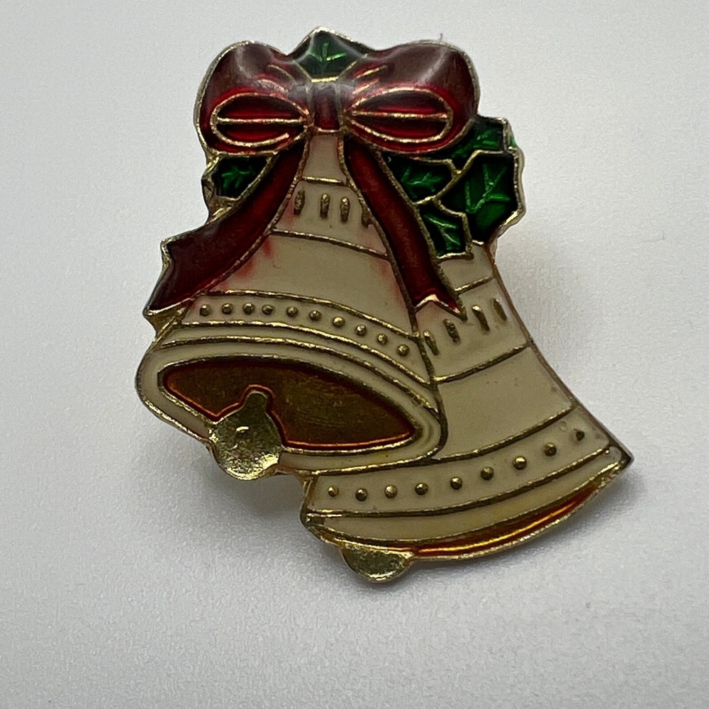 Vintage Two Bell Brooch Gold Tone Enamel Holiday Christmas Pin Made in Taiwan
